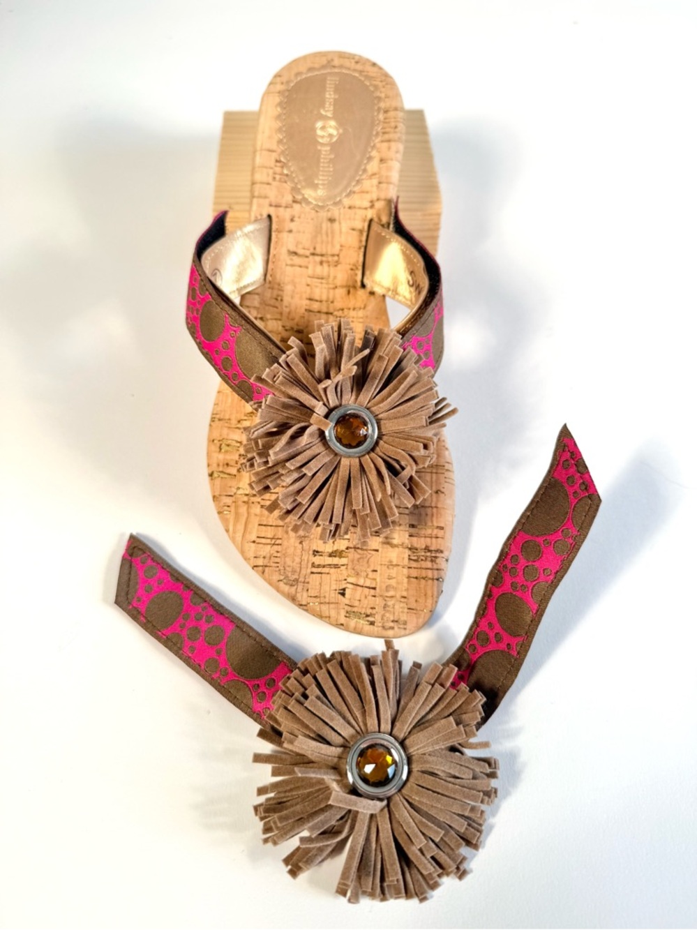 Lindsay Phillips SwitchFlops Pink Brown Dot Fringe Interchangeable Straps Sz M